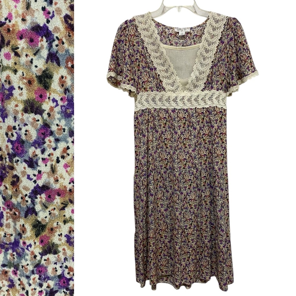 ALLY B Dress Girls Size 10 Lace Floral Cream Purple Boho Tiered Flutter Sleeve